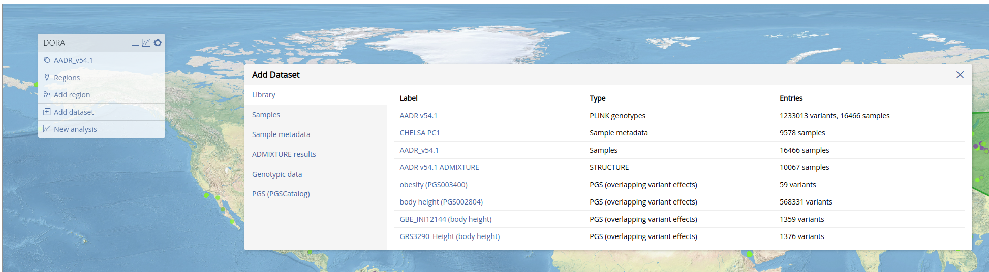 Datasets menu on DORA showing previously added datasets Datasets menu on DORA showing previously added datasets